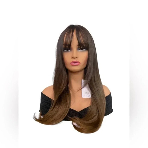 Brown To Dark Blonde hair Wig with Bangs 20” - Picture 7 of 11